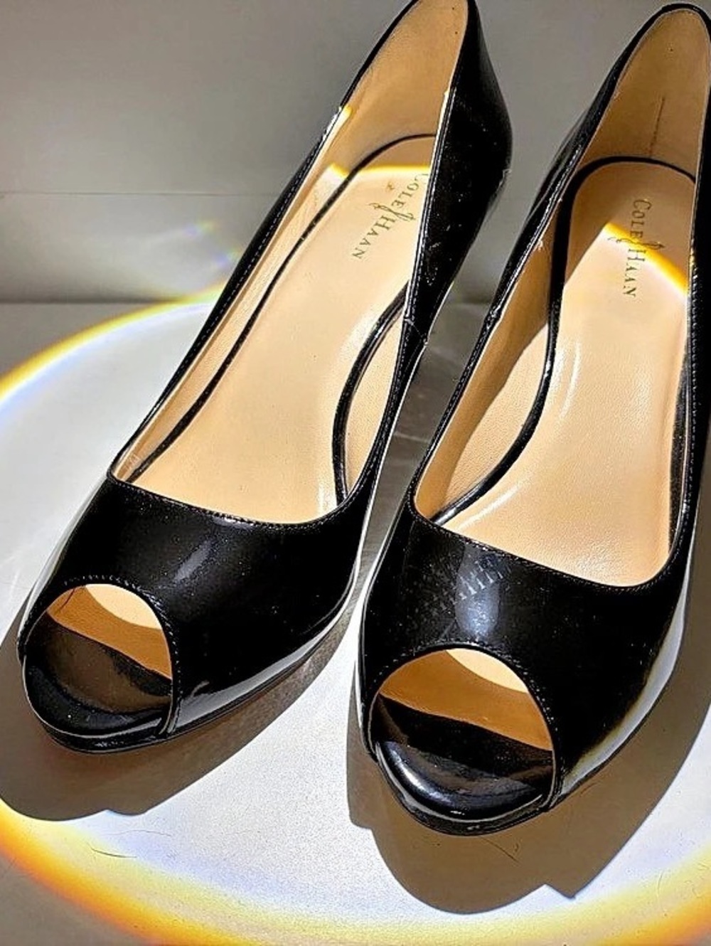 Cole Haan Black Patent Peep Toe Heels US 7B